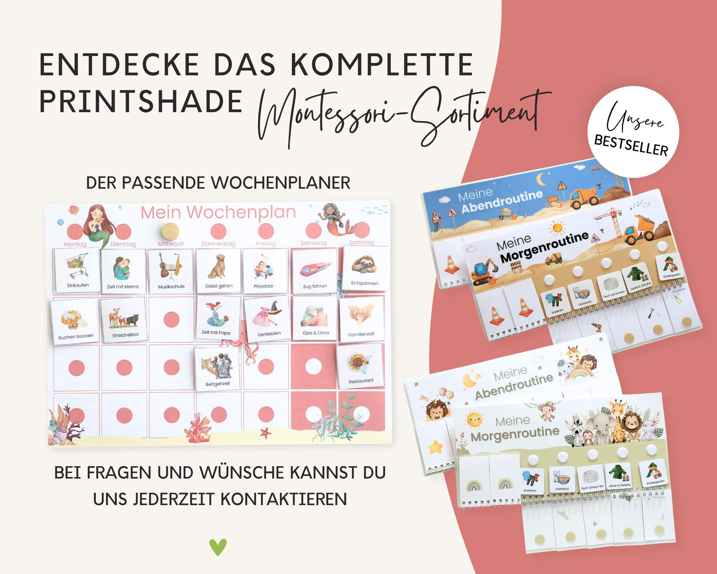 Routineplaner Montessori inkl. Symbolkarten - Design MEERJUNGFRAU ROT - Personalisierbar
