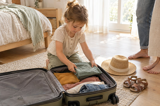 Familie packt gemeinsam den Koffer, Kind legt eigene Kleidung hinein