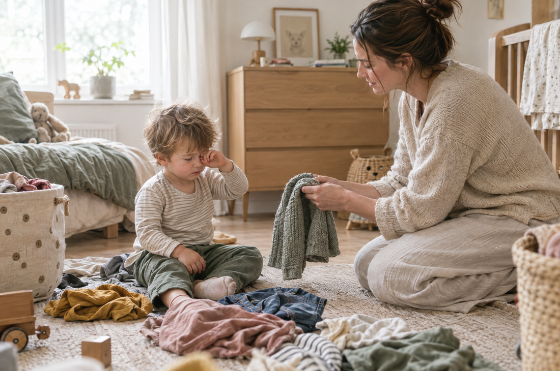 Kind sitzt morgens im Flur und will sich nicht anziehen, Mutter wartet geduldig