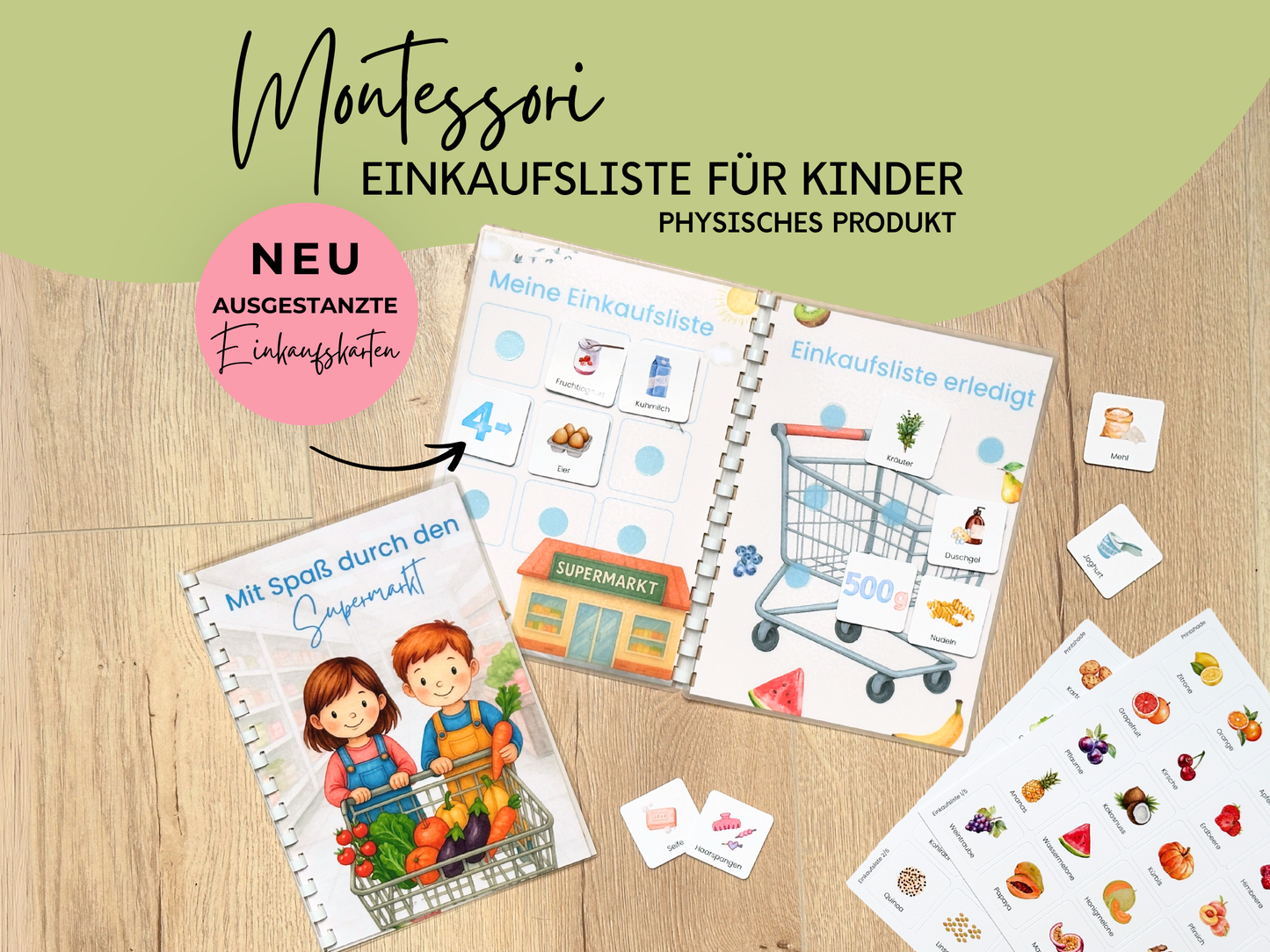 Einkaufsliste inkl. Symbolkarten - Design SUPERMARKT KINDER - Personalisierbar