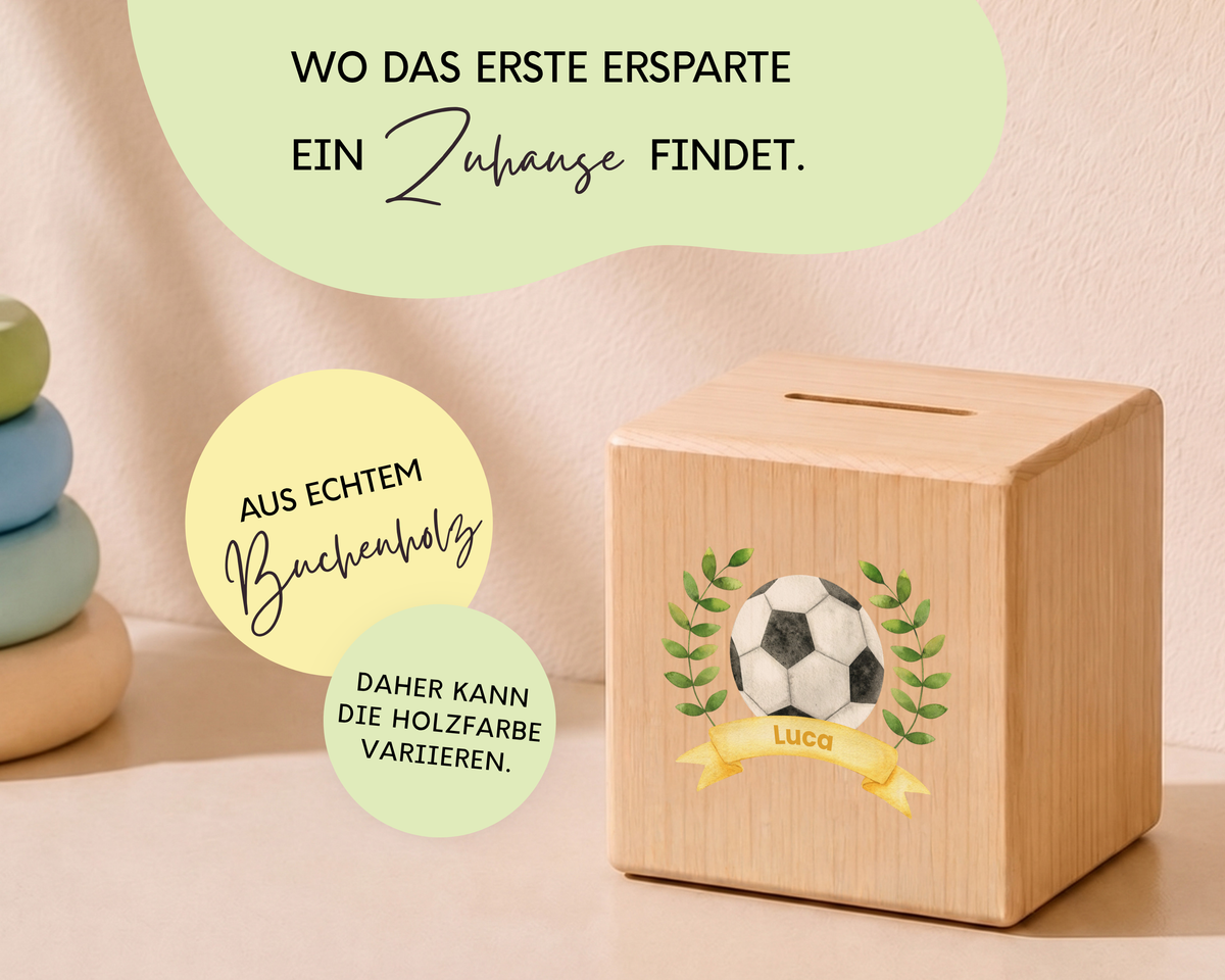 Holzspardose personalisiert Fußball