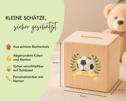 Holzspardose personalisiert Fußball