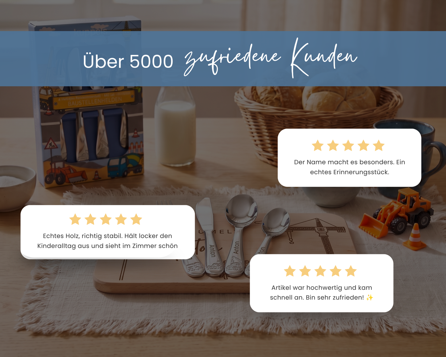 Kinderbesteck personalisiert Baustelle mit Frühstücksbrett