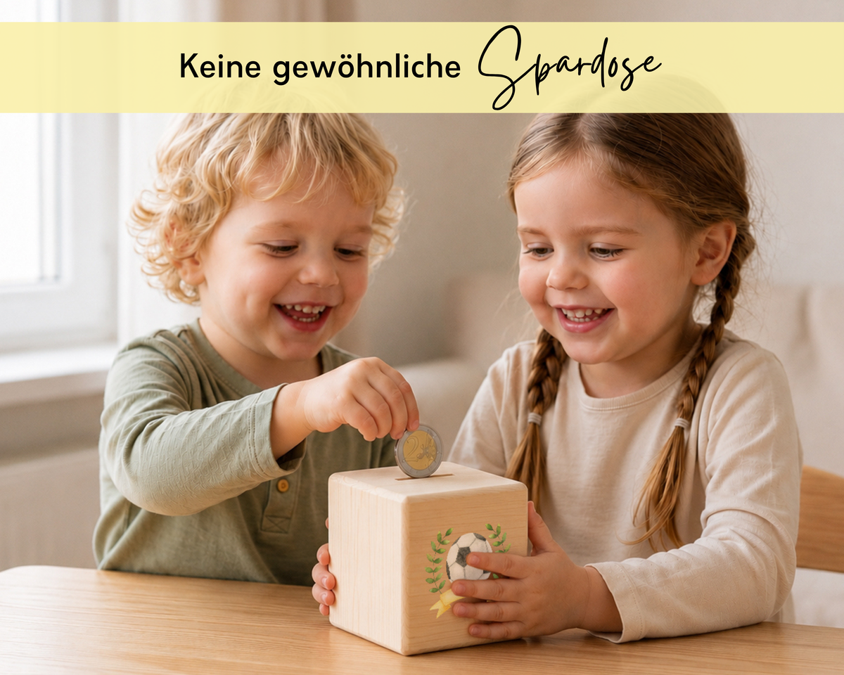 Zwei Kinder werfen gemeinsam eine Münze in die hölzerne Spardose