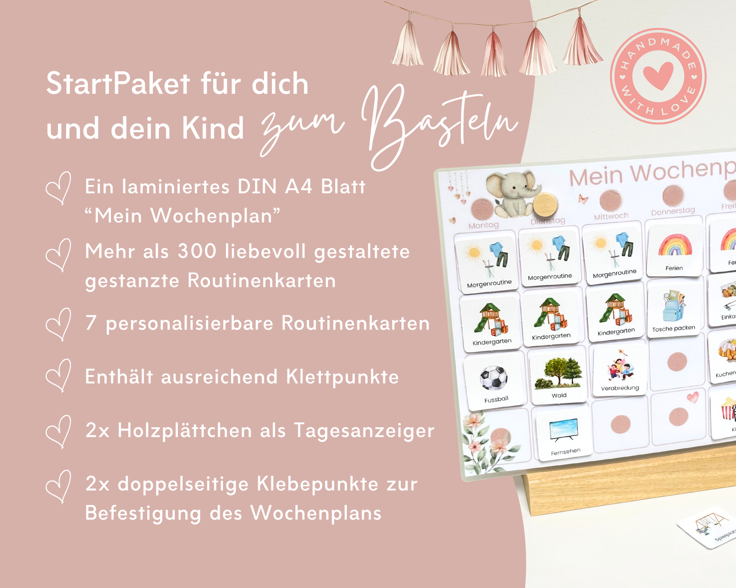 Wochenplaner inkl. Symbolkarten - Design ROSA ELEFANT - Personalisierbar