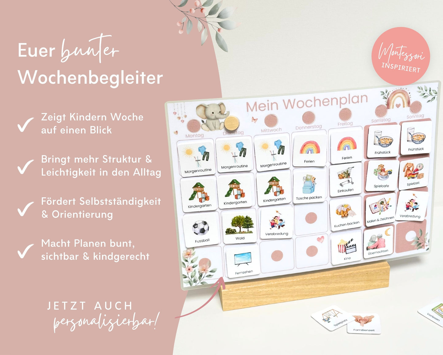 Wochenplaner inkl. Symbolkarten - Design ROSA ELEFANT - Personalisierbar