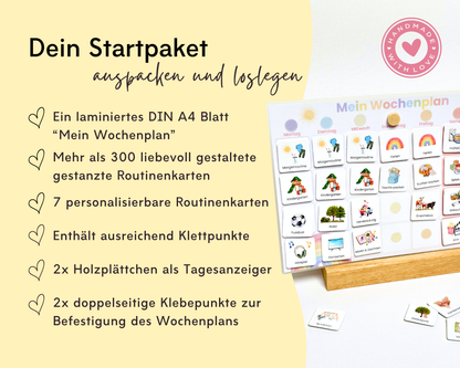 Lieferumfang Montessori Wochenplaner Regenbogen mit laminiertem DIN A4 Wochenplan, über 300 gestanzten Karten, Klettpunkten und Holz-Tagesanzeiger