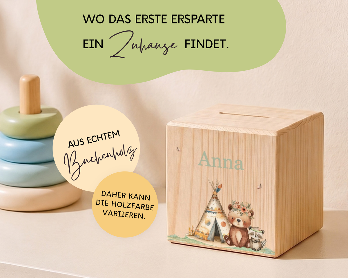 Holzspardose personalisiert Boho Tiere