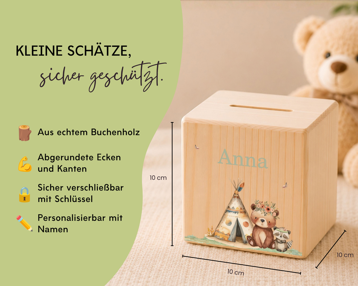 Holzspardose personalisiert Boho Tiere