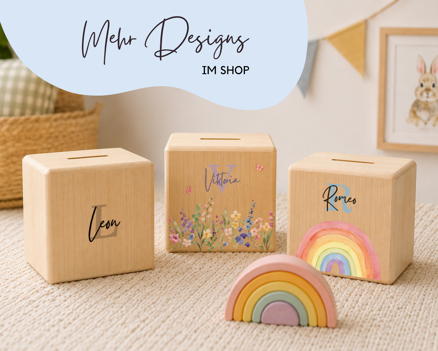 Personalisierte Holzspardose Blumenwiese Lila