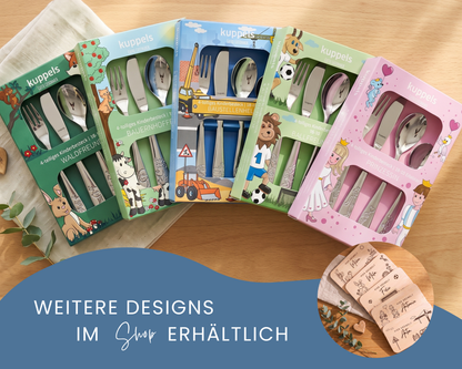 Kinderbesteck personalisiert Baustelle mit Frühstücksbrett