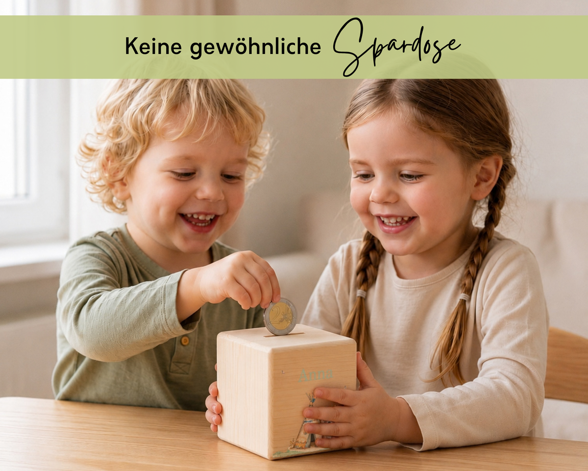 Zwei Kinder spielen gemeinsam mit der personalisierten Holzspardose