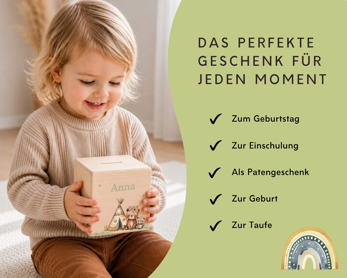Kleinkind mit der Holzspardose, ideales Geschenk zu Geburtstag, Einschulung, Geburt und Taufe