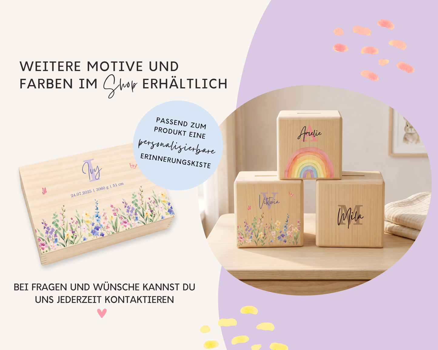 Personalisierte Holzspardose Blumenwiese Lila