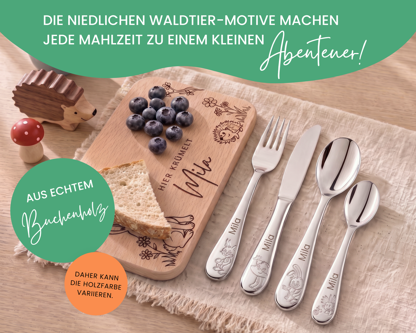 Kinderbesteck personalisiert Waldtiere mit Frühstücksbrett