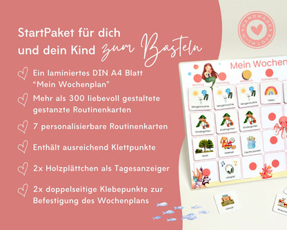 Wochenplaner inkl. Symbolkarten - Design MEERJUNFRAU ROT - Personalisierbar