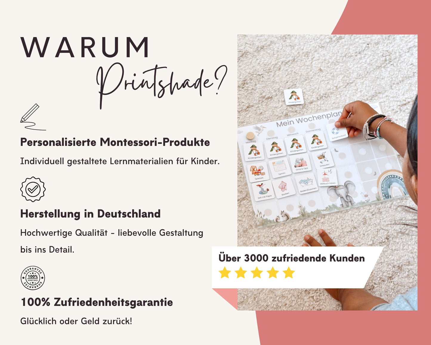 Wochenplaner inkl. Symbolkarten - Design MEERJUNFRAU ROT - Personalisierbar
