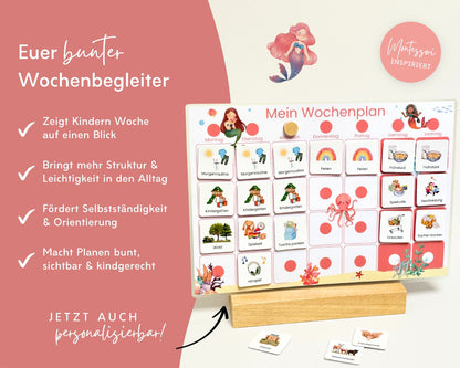 Wochenplaner inkl. Symbolkarten - Design MEERJUNFRAU ROT - Personalisierbar