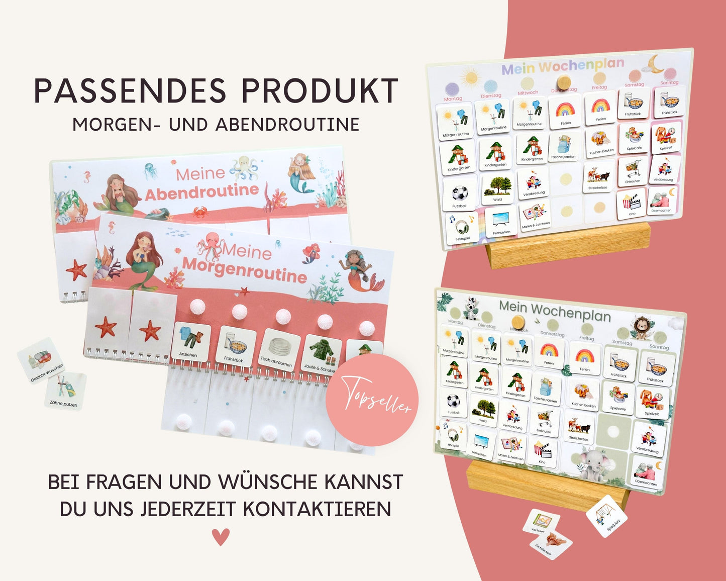 Wochenplaner inkl. Symbolkarten - Design MEERJUNFRAU ROT - Personalisierbar