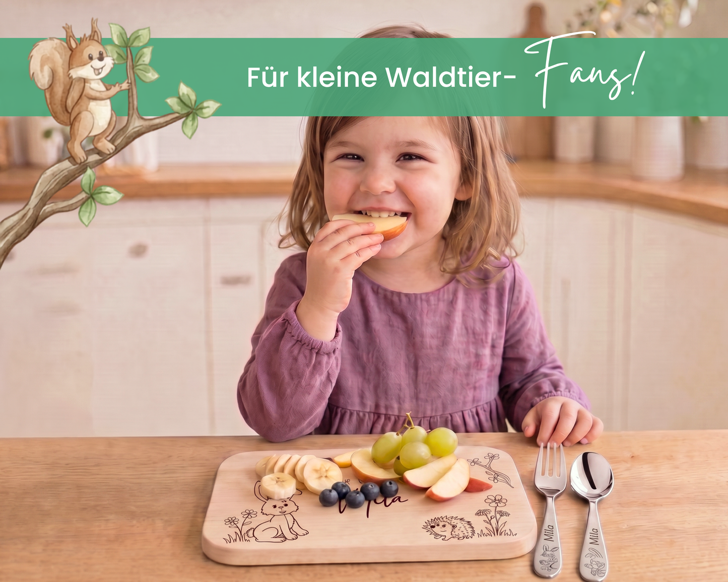 Kinderbesteck personalisiert Waldtiere mit Frühstücksbrett