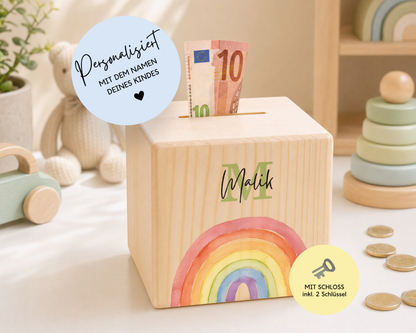 Holzspardose personalisiert Regenbogen Bunt