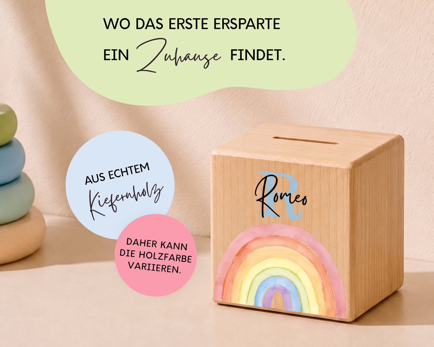 Holzspardose personalisiert Regenbogen Bunt