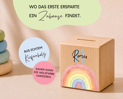 Holzspardose personalisiert Regenbogen Bunt