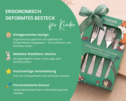 Kinderbesteck personalisiert Waldtiere mit Frühstücksbrett