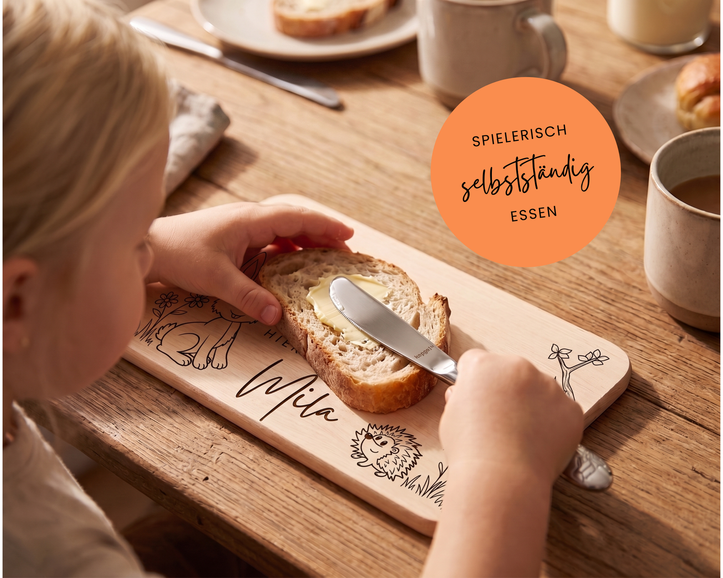 Kinderbesteck personalisiert Waldtiere mit Frühstücksbrett