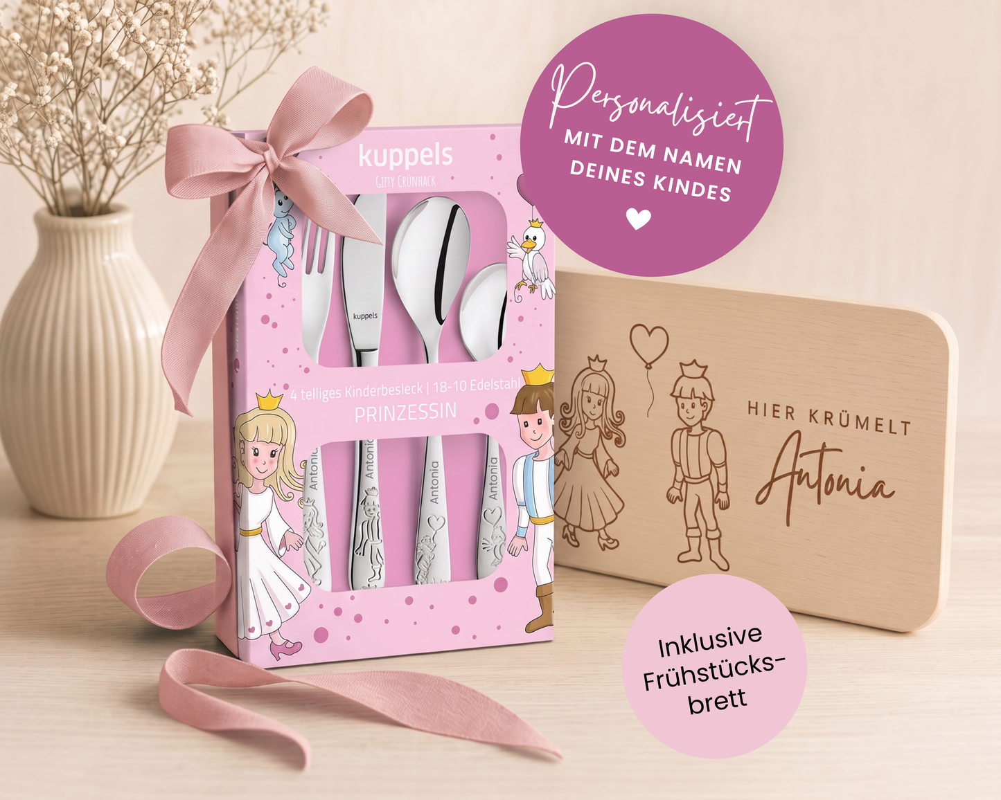 Kinderbesteck personalisiert Prinzessin mit Frühstücksbrett