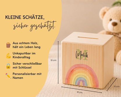 Holzspardose personalisiert Regenbogen Bunt