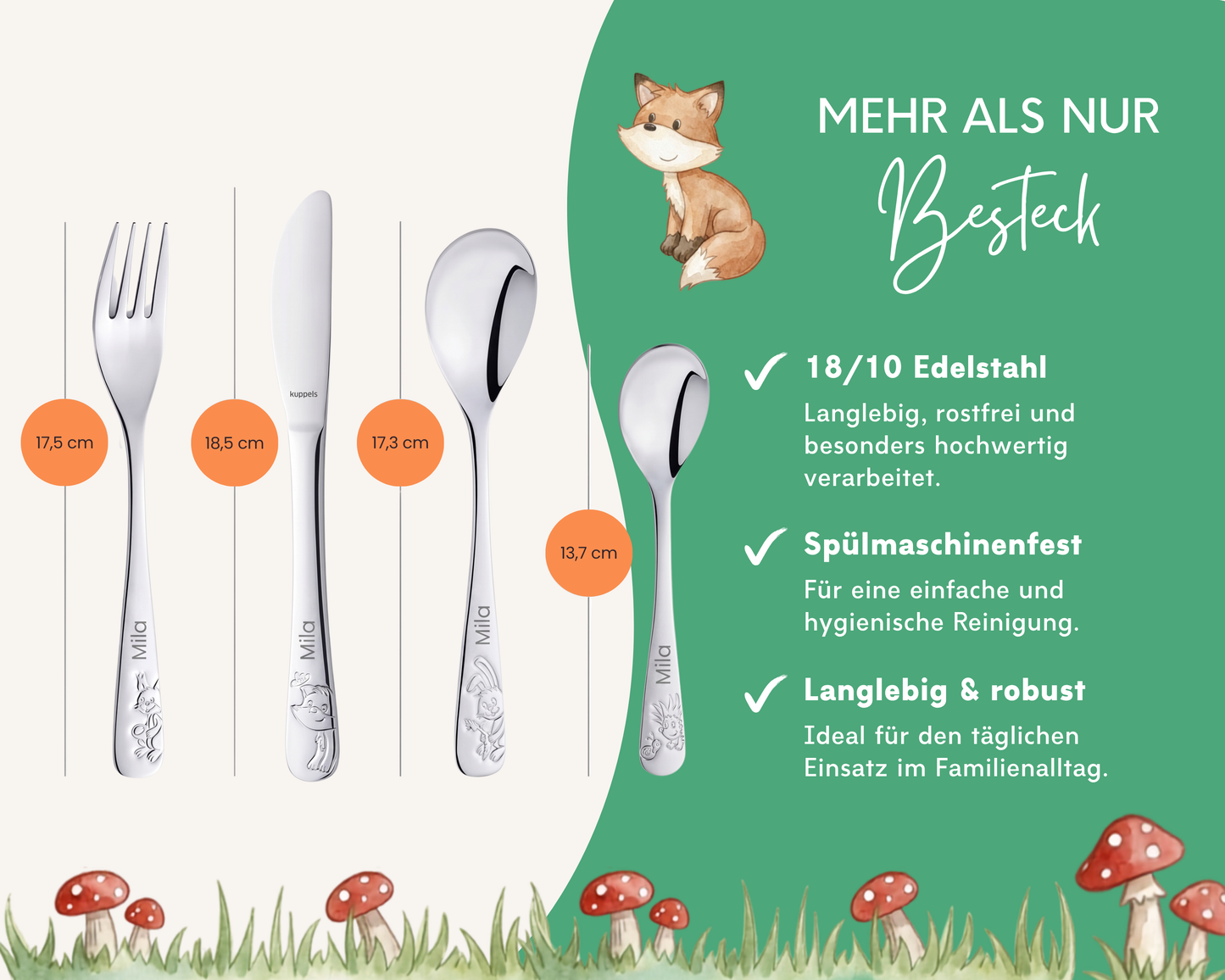 Kinderbesteck personalisiert Waldtiere mit Frühstücksbrett
