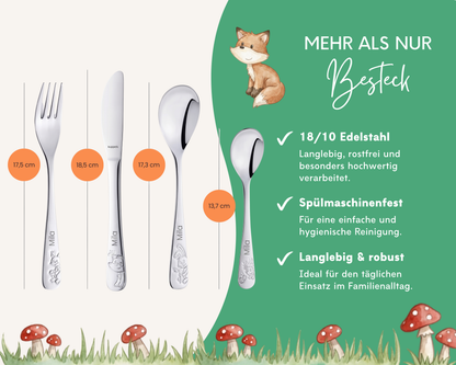 Kinderbesteck personalisiert Waldtiere mit Frühstücksbrett
