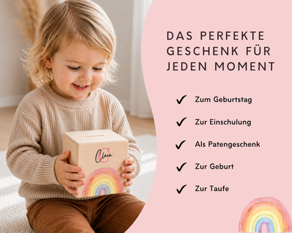 Holzspardose personalisiert Regenbogen Bunt