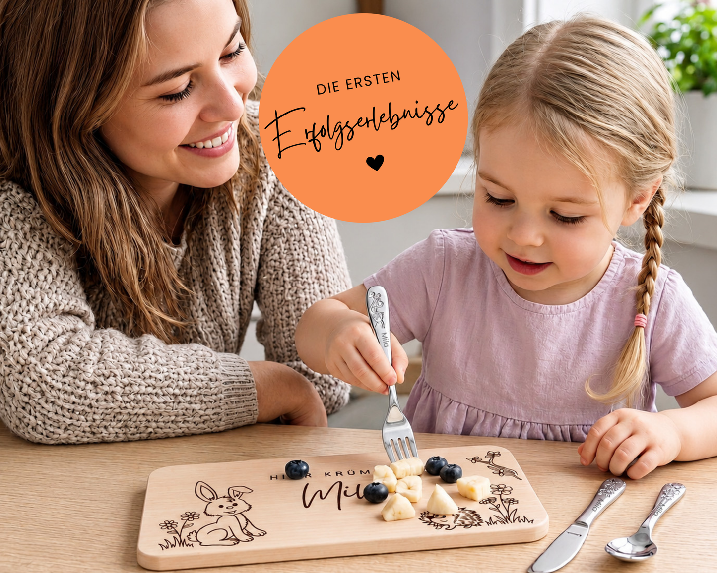 Kinderbesteck personalisiert Waldtiere mit Frühstücksbrett