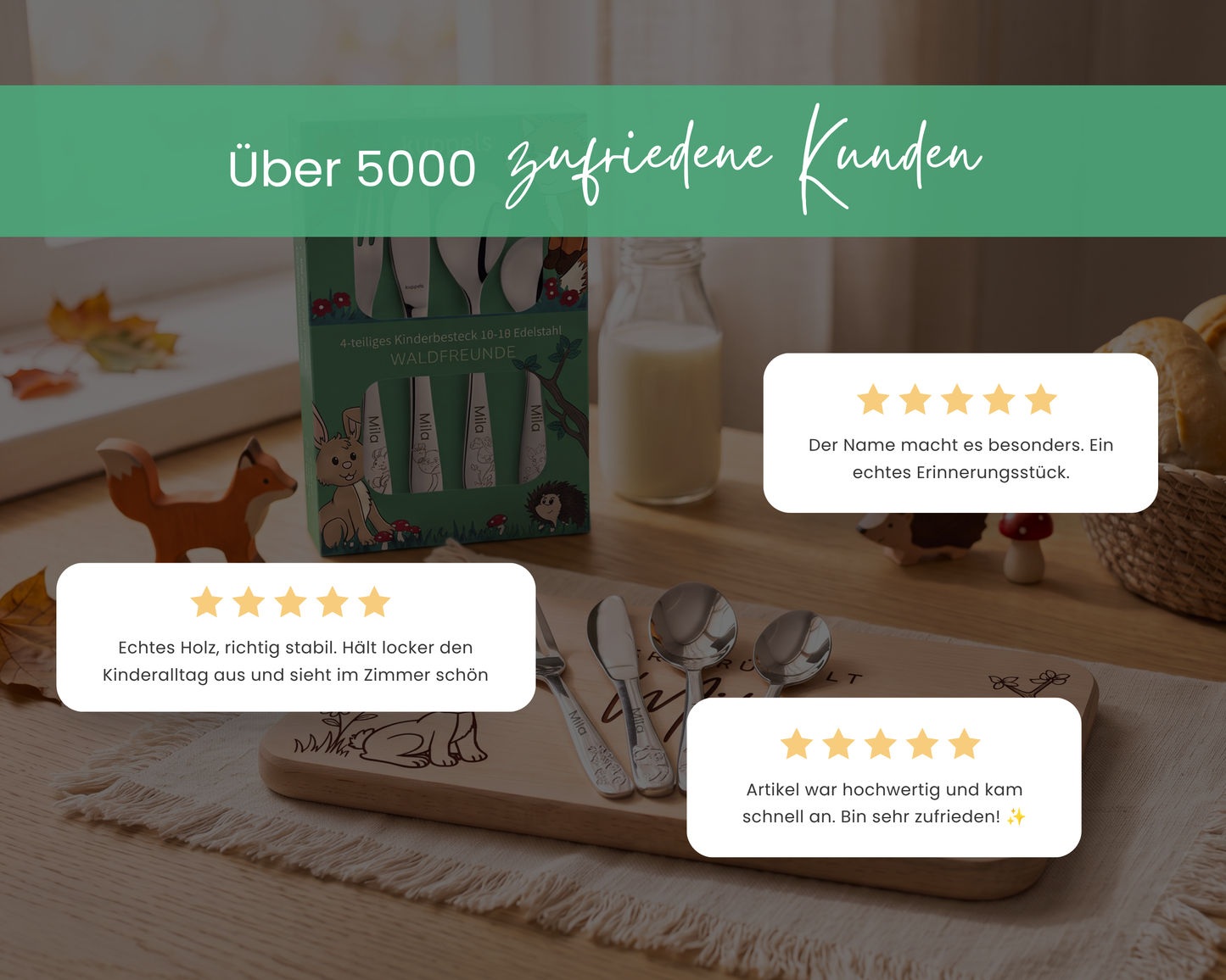 Kinderbesteck personalisiert Waldtiere mit Frühstücksbrett