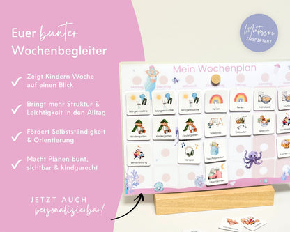Wochenplaner inkl. Symbolkarten - Design MEERJUNFRAU PINK - Personalisierbar