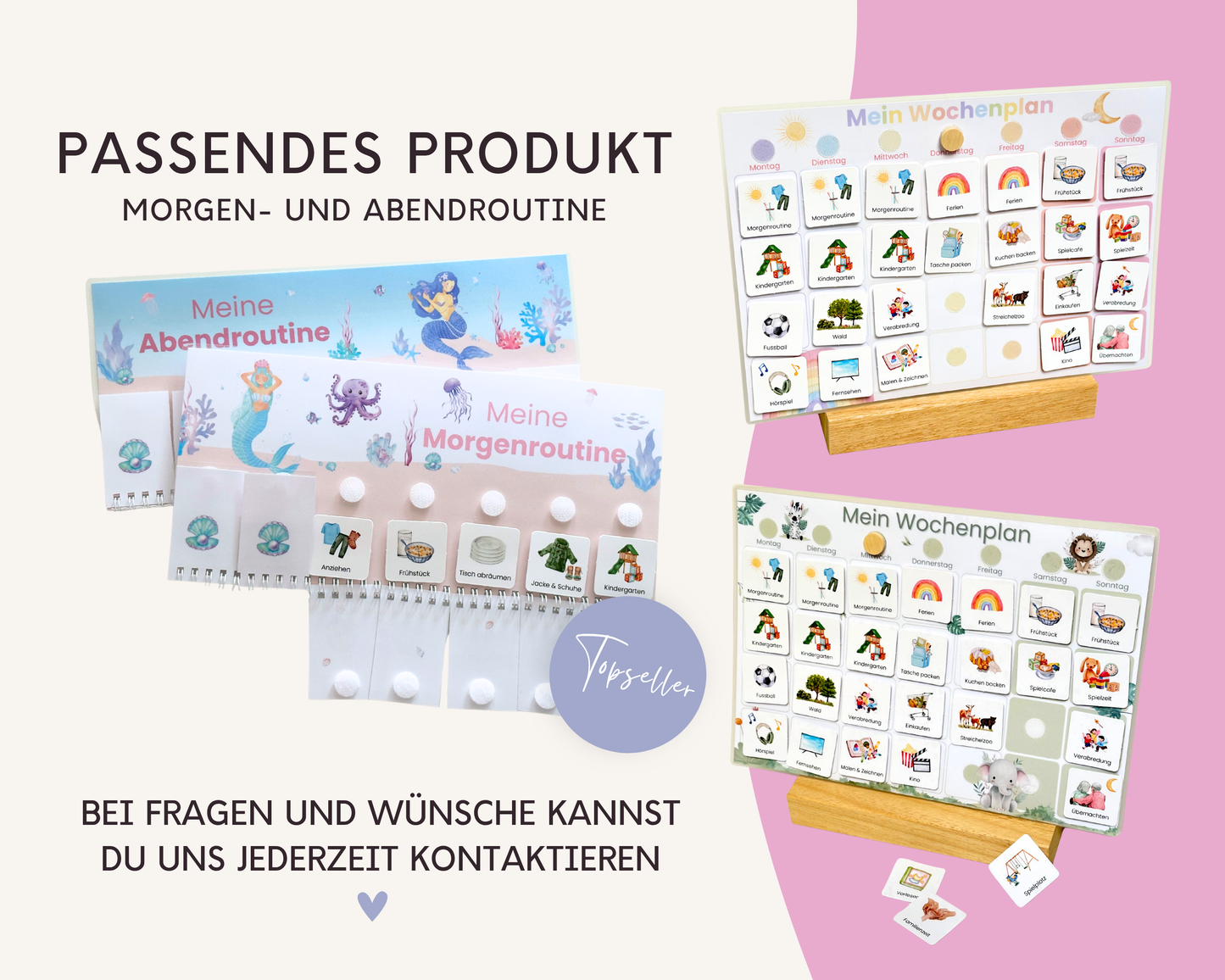 Wochenplaner inkl. Symbolkarten - Design MEERJUNFRAU PINK - Personalisierbar