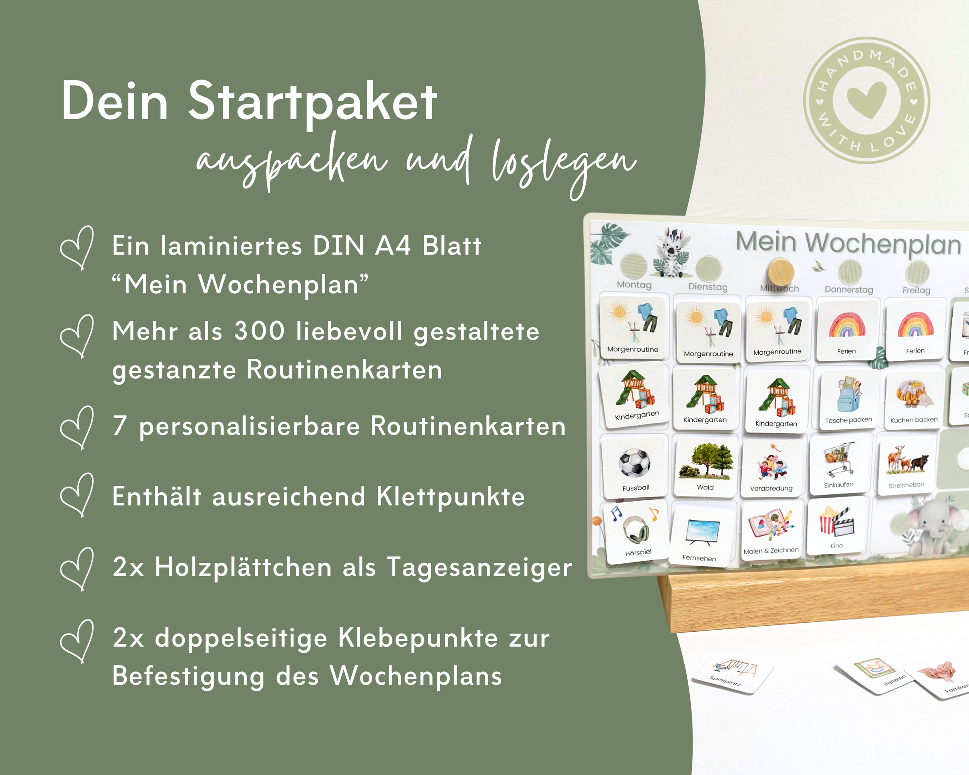 Lieferumfang Montessori Wochenplaner Safari mit laminiertem DIN A4 Wochenplan, über 300 gestanzten Karten, Klettpunkten und Holz-Tagesanzeiger
