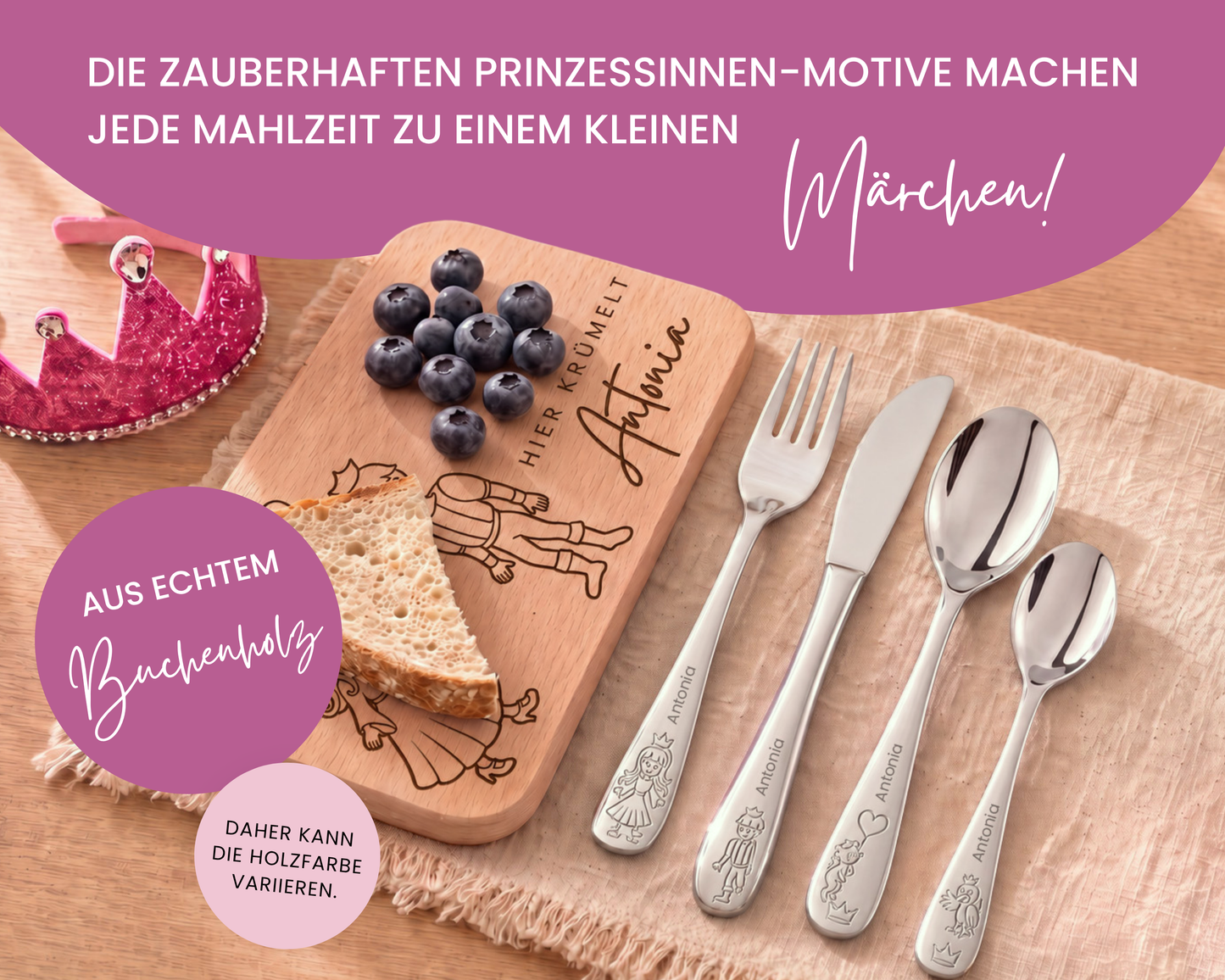 Kinderbesteck personalisiert Prinzessin mit Frühstücksbrett