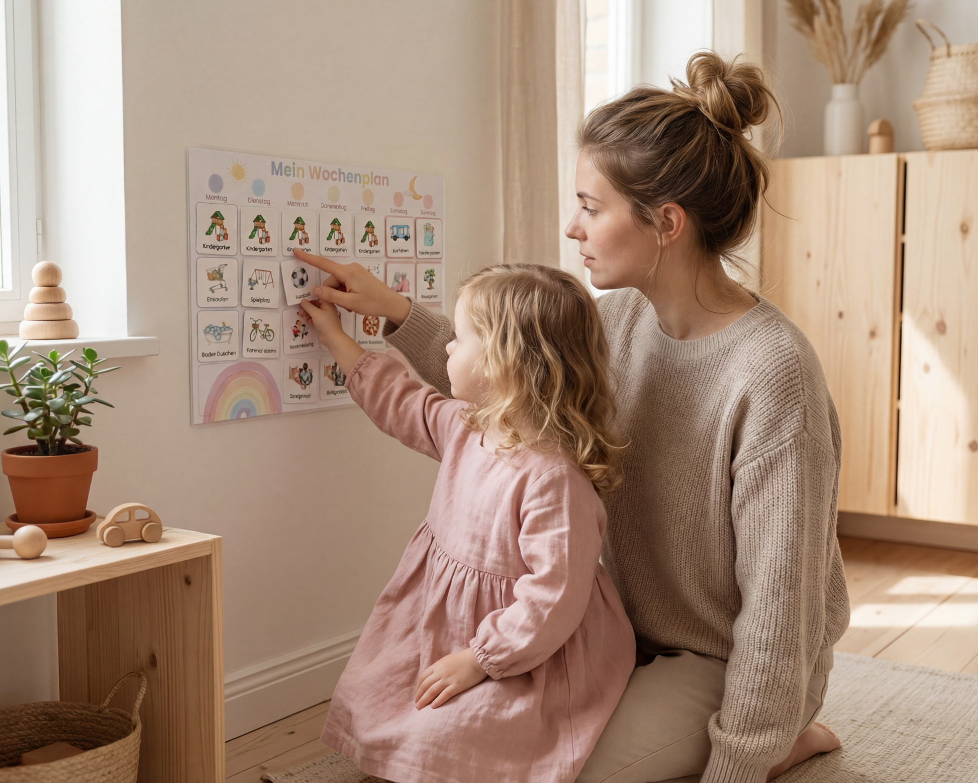 Mädchen plant ihre Woche mit Montessori Wochenplan an der Kinderzimmerwand, Struktur und Orientierung für Kinder ab 2 Jahren