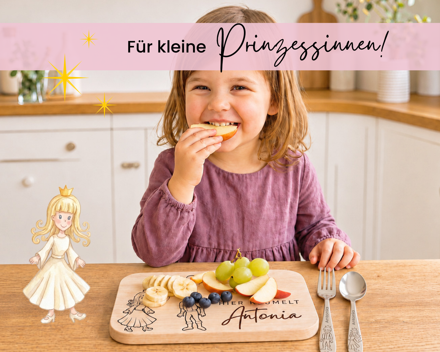 Kinderbesteck personalisiert Prinzessin mit Frühstücksbrett