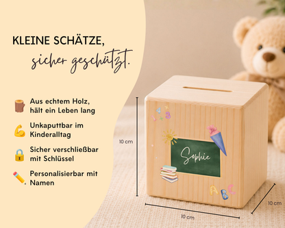 Holzspardose personalisiert Schulstart