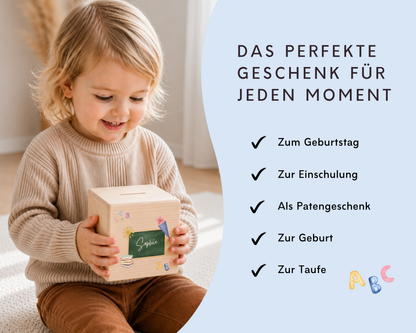 Holzspardose personalisiert Schulstart