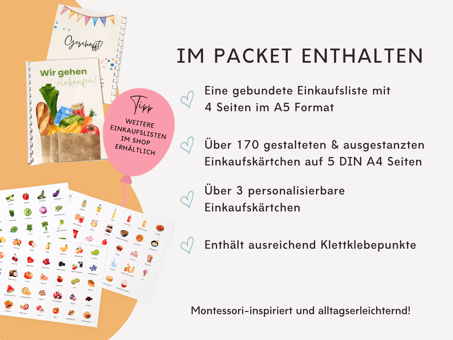 Einkaufsliste inkl. Symbolkarten - Design WOCHENMARKT - Personalisierbar