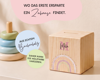 Holzspardose personalisiert Regenbogen