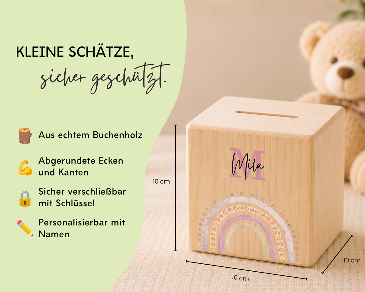 Holzspardose personalisiert Regenbogen