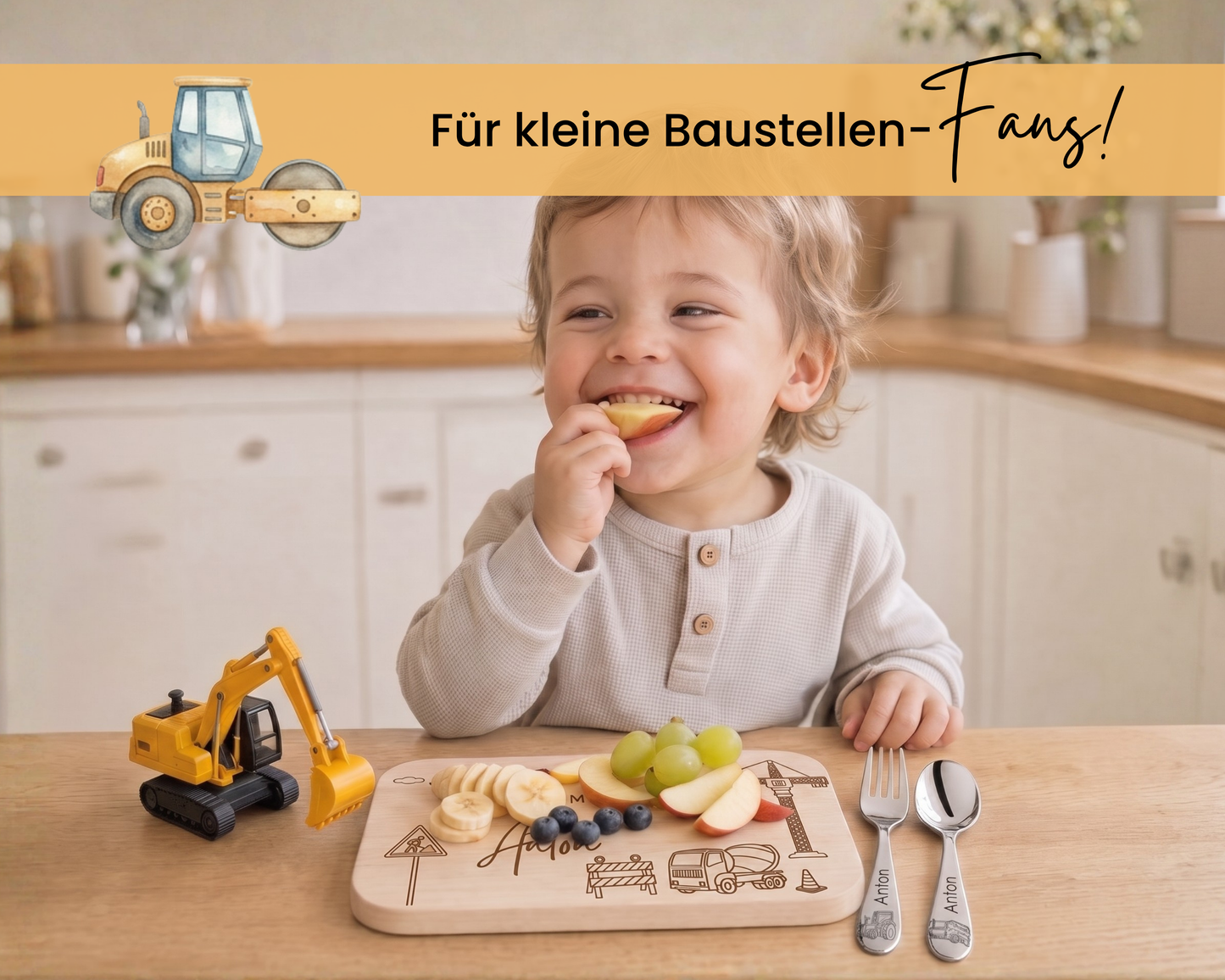 Kinderbesteck personalisiert Baustelle mit Frühstücksbrett