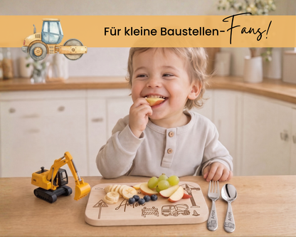 Kinderbesteck personalisiert Baustelle mit Frühstücksbrett