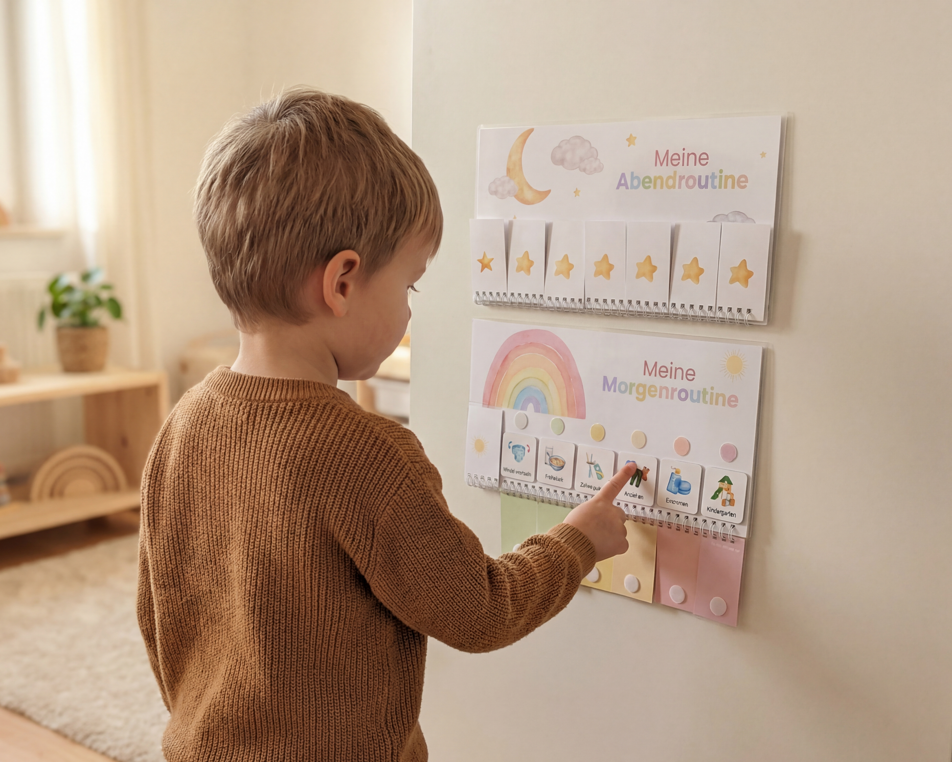Junge klebt Routinenkarte auf Montessori Morgenroutine an der Wand, Klettsystem für Kinder ab 2 Jahren, weniger Trotzphase Stress